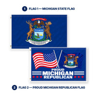 Michigan State Flag and Proud Michigan Republican Flag 3x5 2-Pack features and size details