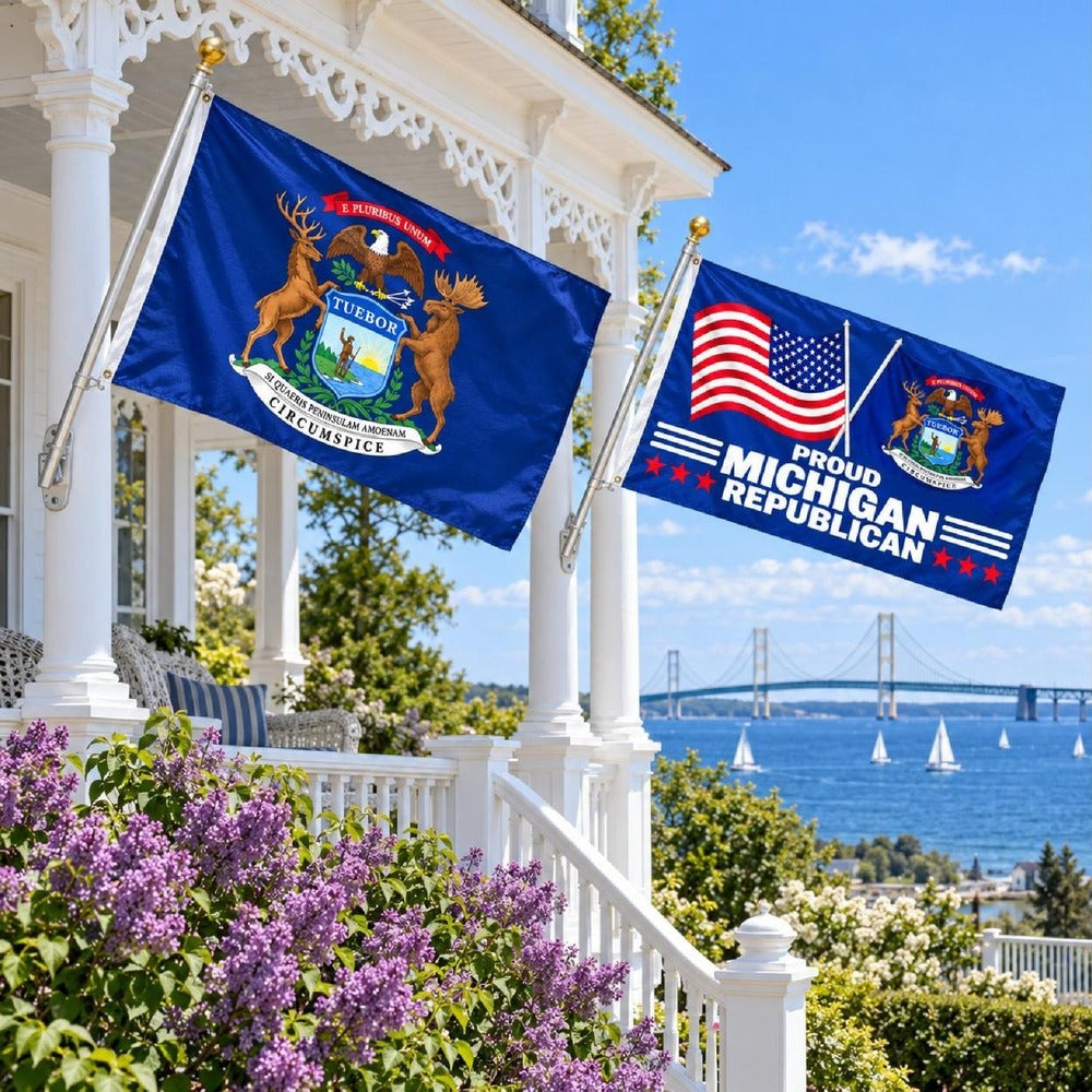 Michigan State Flag and Proud Michigan Republican Flag 3x5 2-Pack displayed outdoors