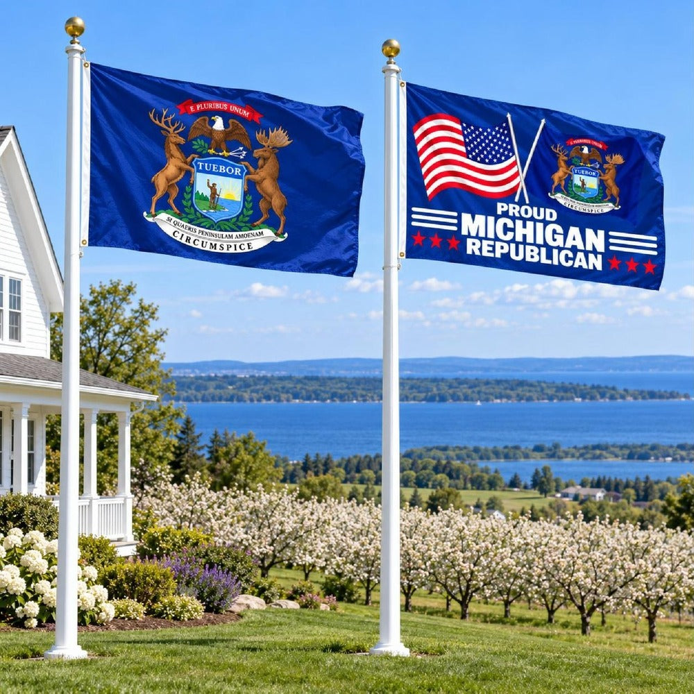 Michigan State Flag and Proud Michigan Republican Flag 3x5 2-Pack displayed outdoors