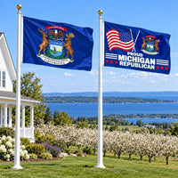 Michigan State Flag and Proud Michigan Republican Flag 3x5 2-Pack displayed outdoors