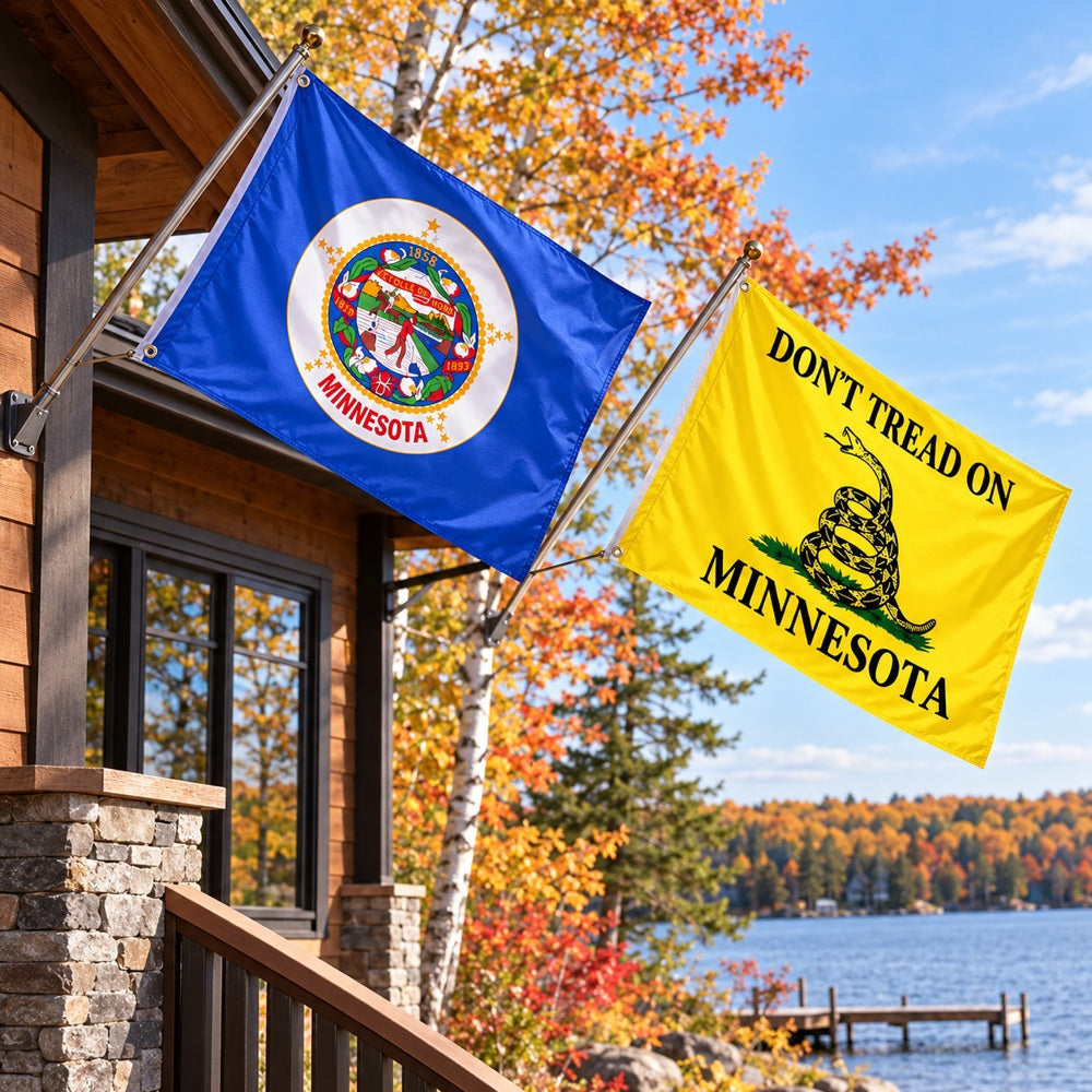 Minnesota State Flag and Don't Tread on Minnesota Flag 3x5 2-Pack displayed outdoors