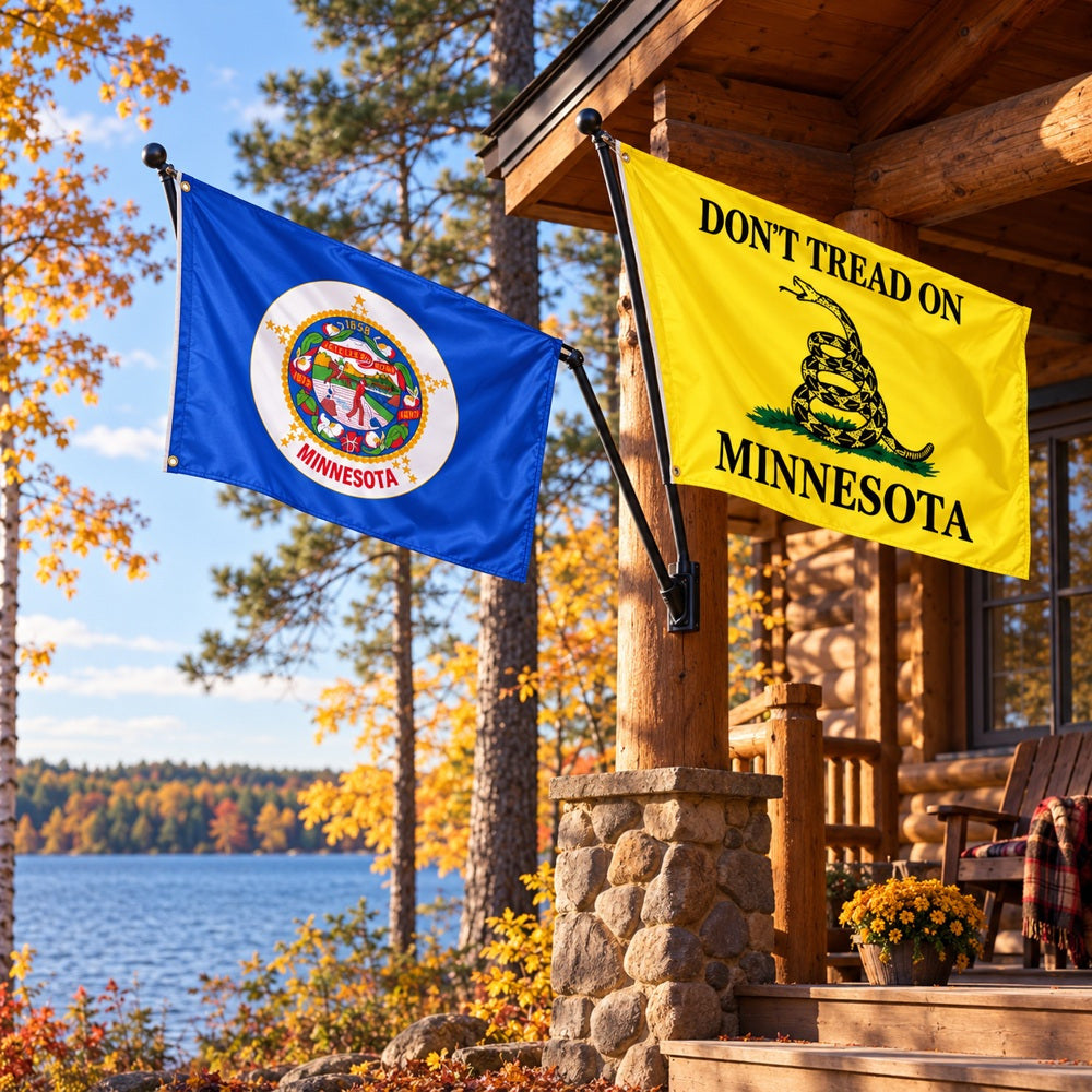 Minnesota State Flag and Don't Tread on Minnesota Flag 3x5 2-Pack displayed outdoors