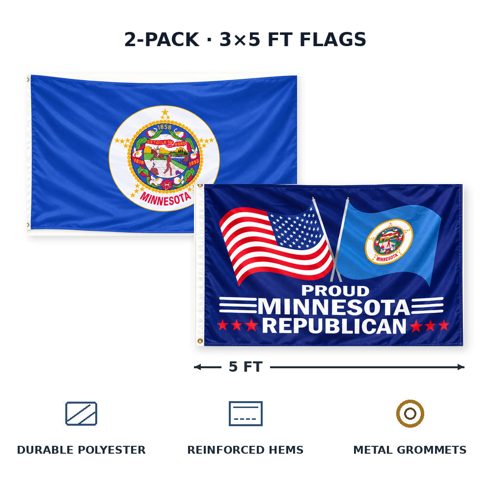Minnesota State Flag and Proud Minnesota Republican Flag 3x5 2-Pack features and size details