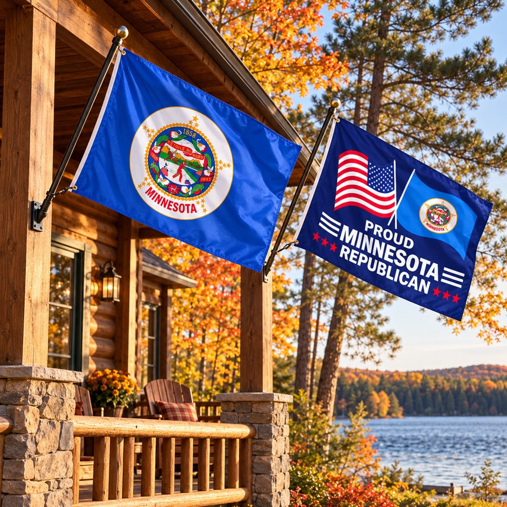 Minnesota State Flag and Proud Minnesota Republican Flag 3x5 2-Pack displayed outdoors