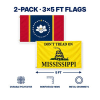 Mississippi State Flag and Don't Tread on Mississippi Flag 3x5 2-Pack features and size details