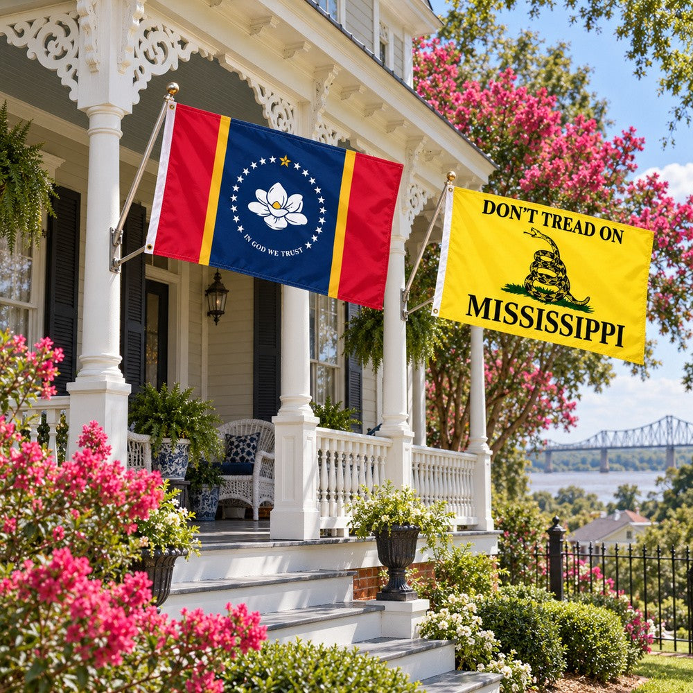 Mississippi State Flag and Don't Tread on Mississippi Flag 3x5 2-Pack displayed outdoors