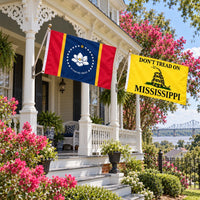 Mississippi State Flag and Don't Tread on Mississippi Flag 3x5 2-Pack displayed outdoors