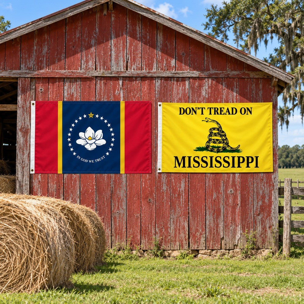 Mississippi State Flag and Don't Tread on Mississippi Flag 3x5 2-Pack displayed outdoors