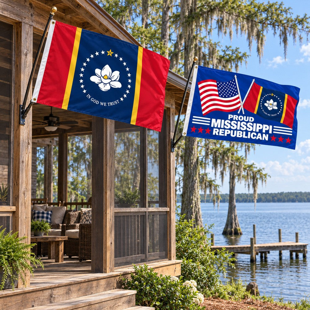 Mississippi State Flag and Proud Mississippi Republican Flag 3x5 2-Pack displayed outdoors