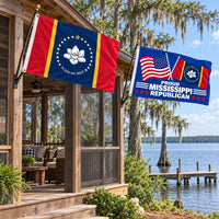 Mississippi State Flag and Proud Mississippi Republican Flag 3x5 2-Pack displayed outdoors
