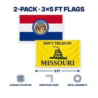 Missouri State Flag and Don't Tread on Missouri Flag 3x5 2-Pack features and size details