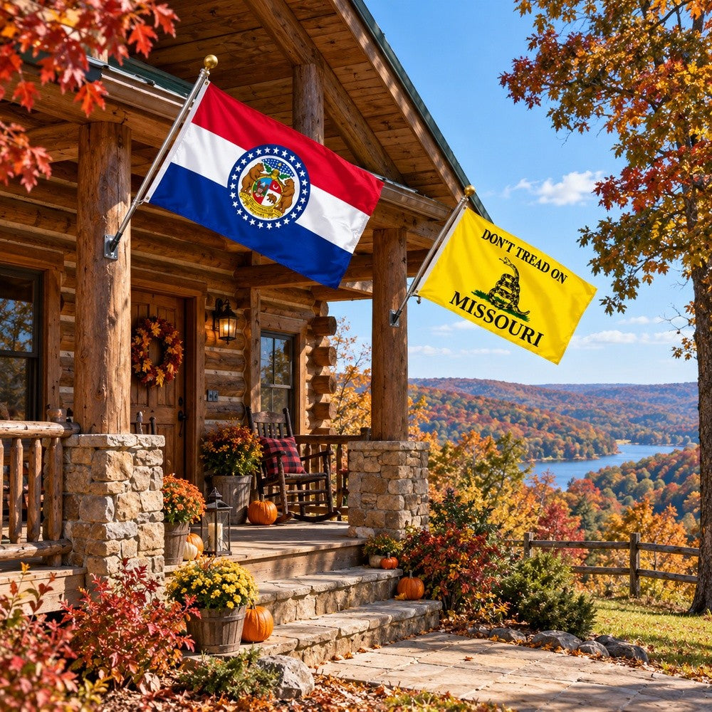 Missouri State Flag and Don't Tread on Missouri Flag 3x5 2-Pack displayed outdoors