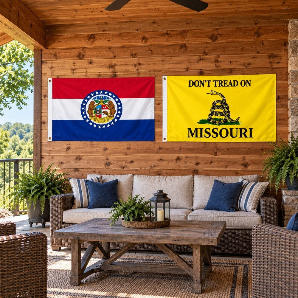 Missouri State Flag and Don't Tread on Missouri Flag 3x5 2-Pack displayed outdoors