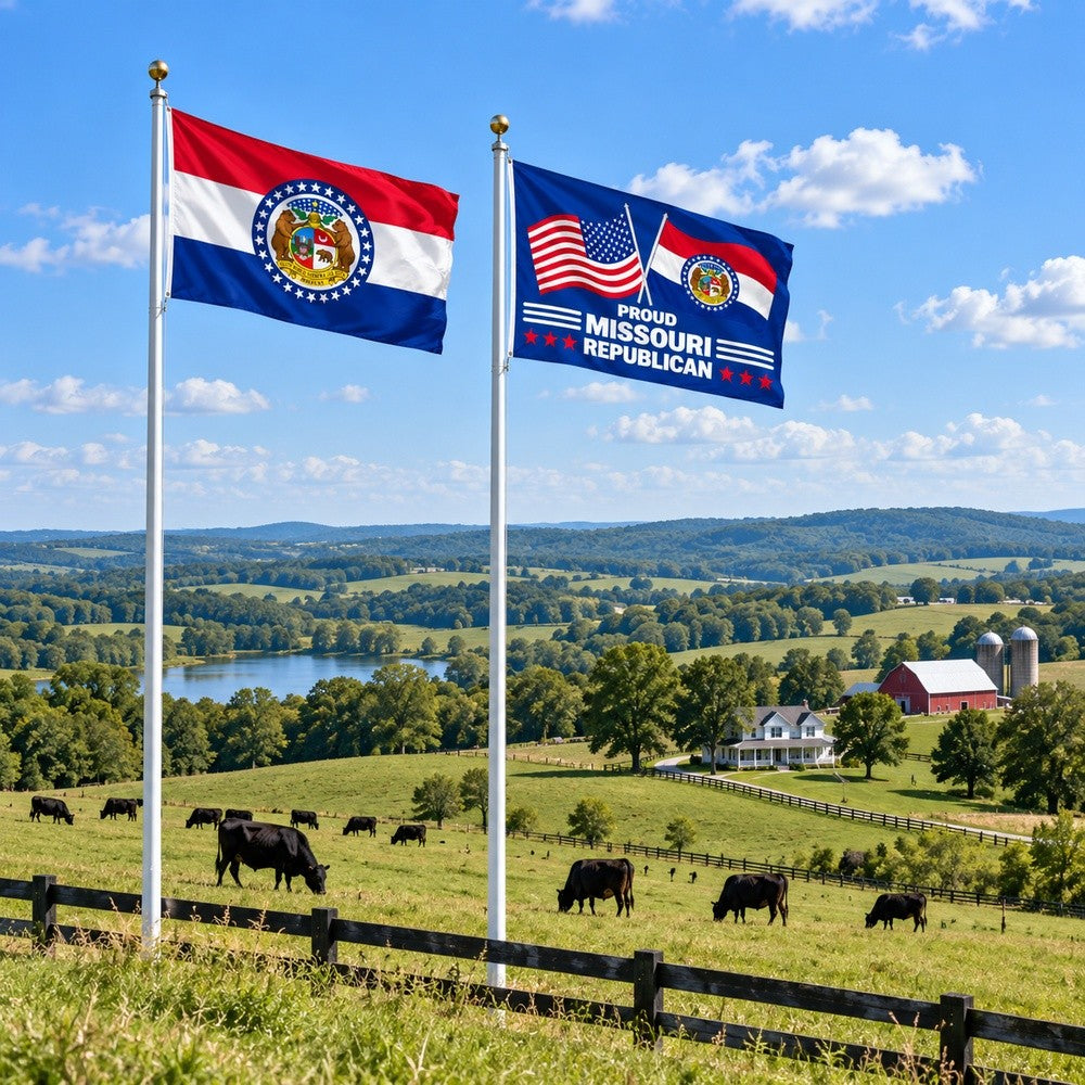 Missouri State Flag and Proud Missouri Republican Flag 3x5 2-Pack displayed outdoors