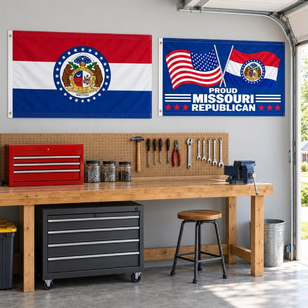 Missouri State Flag and Proud Missouri Republican Flag 3x5 2-Pack displayed outdoors