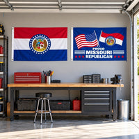 Missouri State Flag and Proud Missouri Republican Flag 3x5 2-Pack displayed outdoors