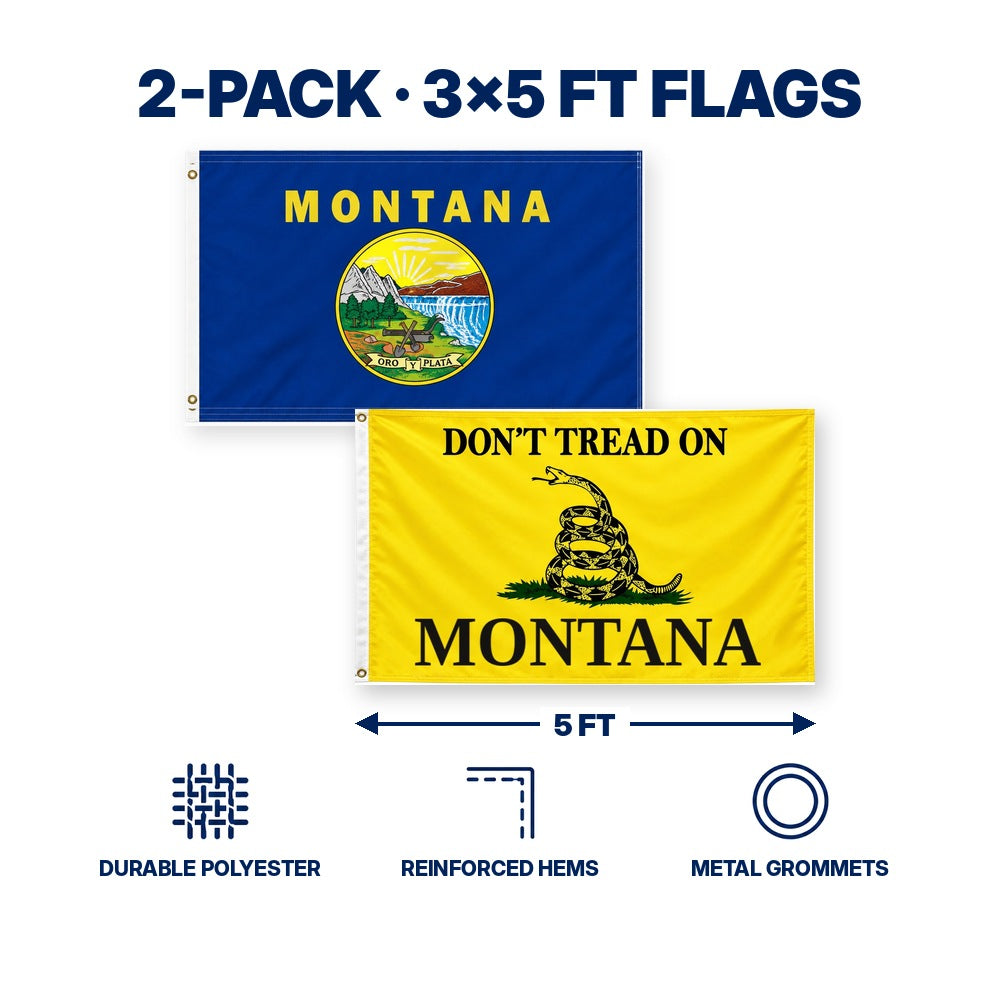Montana State Flag and Don't Tread on Montana Flag 3x5 2-Pack features and size details