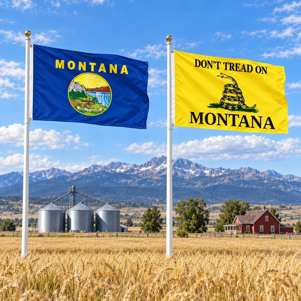 Montana State Flag and Don't Tread on Montana Flag 3x5 2-Pack displayed outdoors
