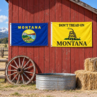 Montana State Flag and Don't Tread on Montana Flag 3x5 2-Pack displayed outdoors