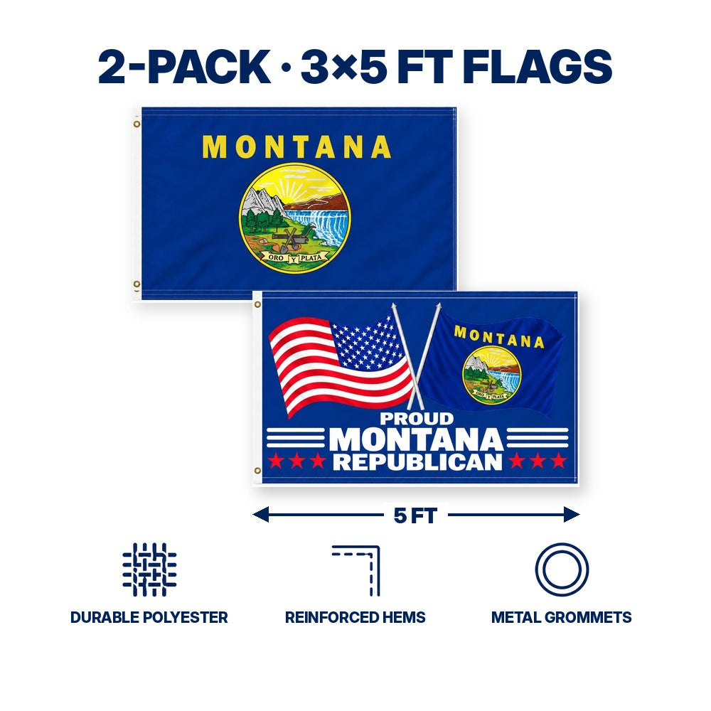 Montana State Flag and Proud Montana Republican Flag 3x5 2-Pack features and size details