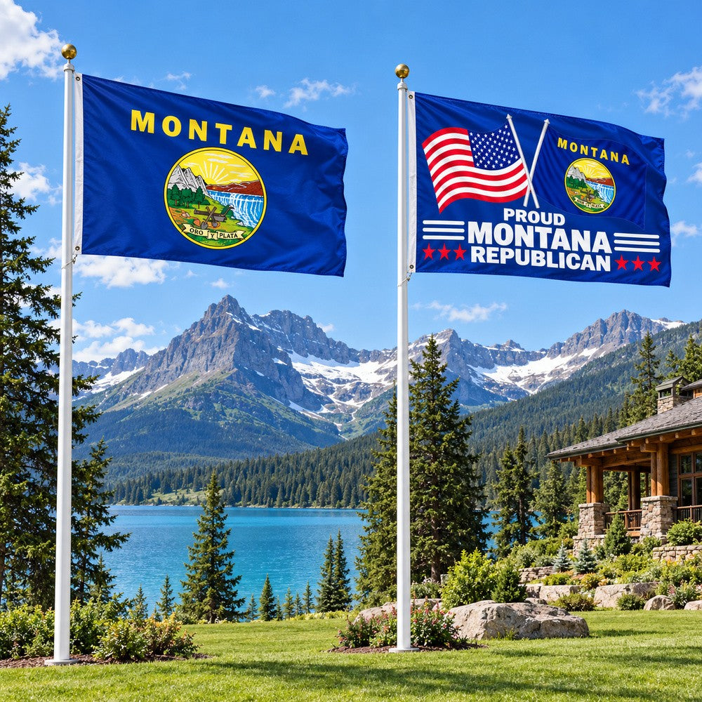 Montana State Flag and Proud Montana Republican Flag 3x5 2-Pack displayed outdoors