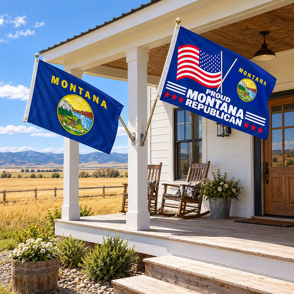 Montana State Flag and Proud Montana Republican Flag 3x5 2-Pack displayed outdoors