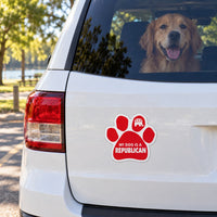 My Dog Is A Republican paw magnet on an SUV with a golden retriever