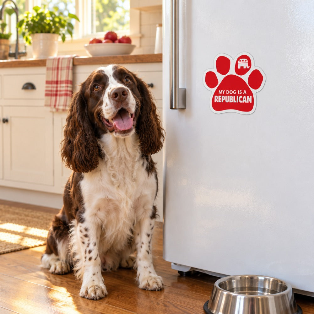 My Dog Is A Republican paw magnet on a refrigerator with a springer spaniel