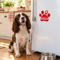 My Dog Is A Republican paw magnet on a refrigerator with a springer spaniel