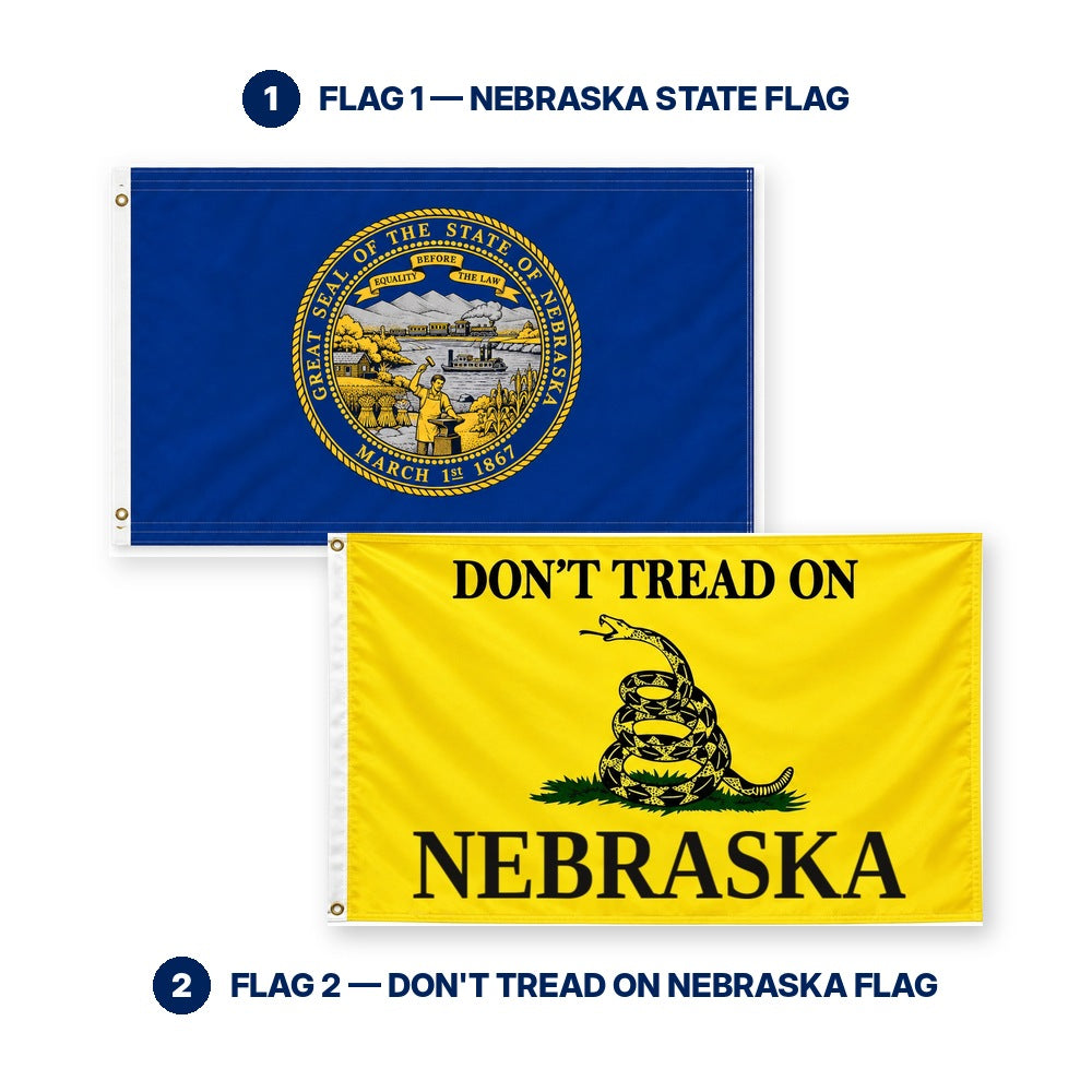 Nebraska State Flag and Don't Tread on Nebraska Flag 3x5 2-Pack features and size details