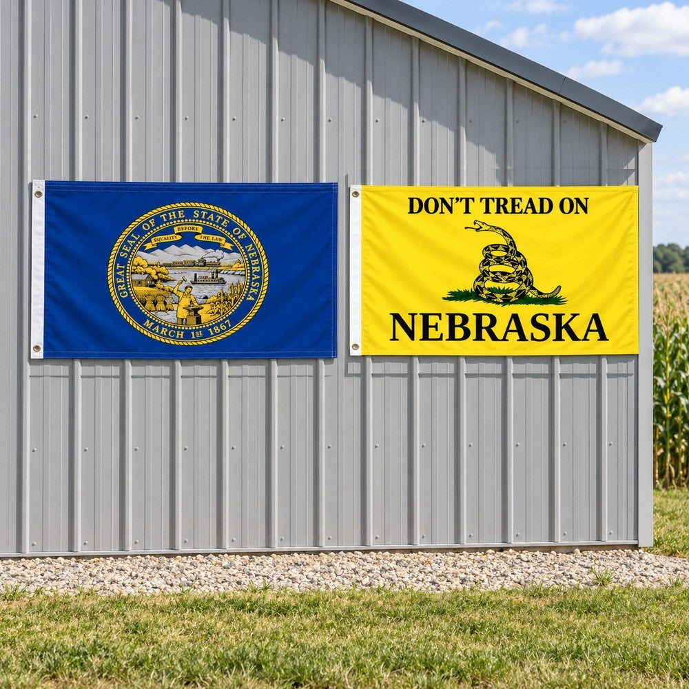 Nebraska State Flag and Don't Tread on Nebraska Flag 3x5 2-Pack displayed outdoors