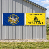 Nebraska State Flag and Don't Tread on Nebraska Flag 3x5 2-Pack displayed outdoors