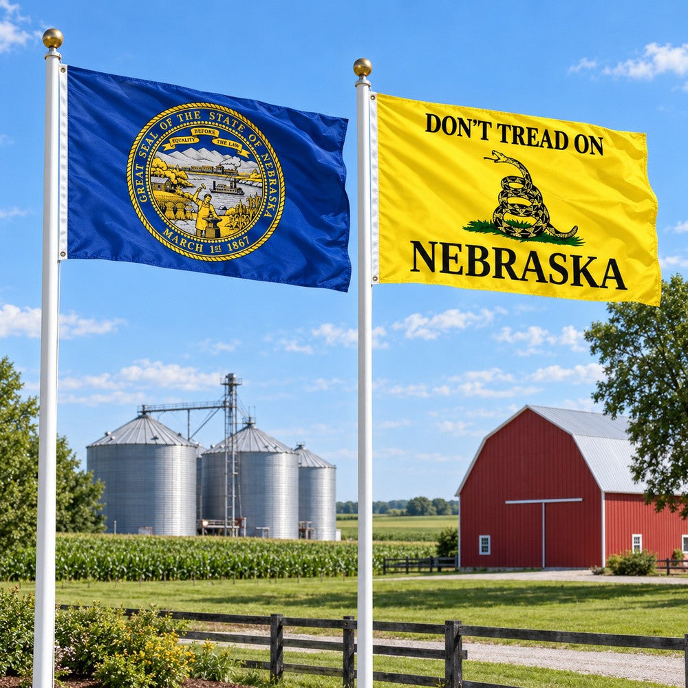 Nebraska State Flag and Don't Tread on Nebraska Flag 3x5 2-Pack displayed outdoors