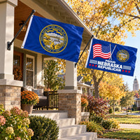 Nebraska State Flag and Proud Nebraska Republican Flag 3x5 2-Pack displayed outdoors