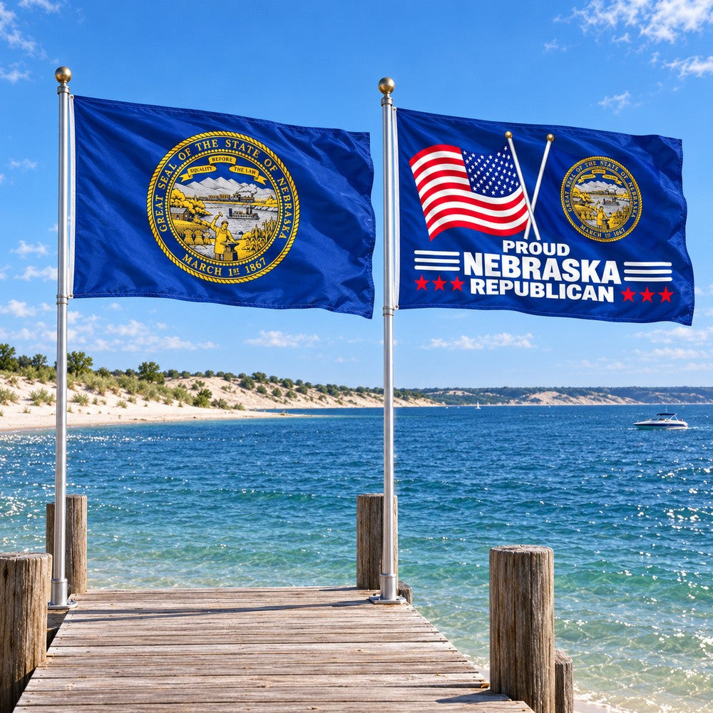 Nebraska State Flag and Proud Nebraska Republican Flag 3x5 2-Pack displayed outdoors