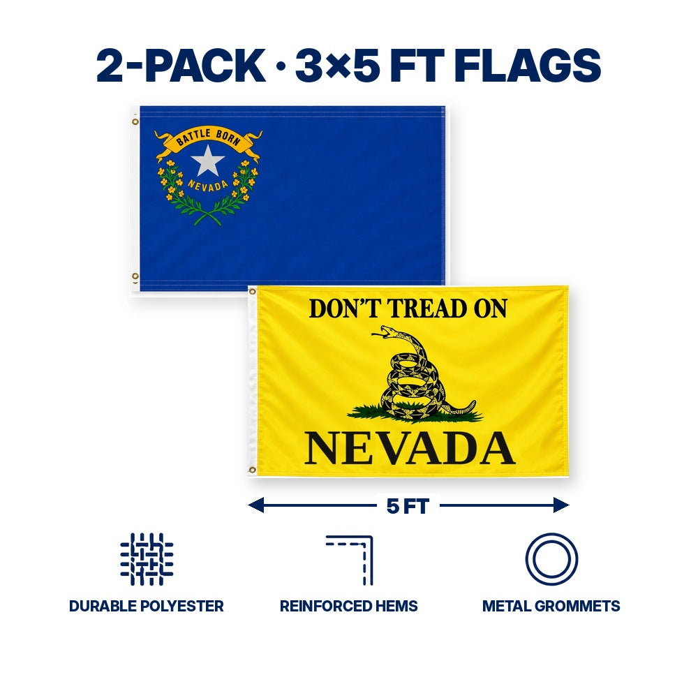 Nevada State Flag and Don't Tread on Nevada Flag 3x5 2-Pack features and size details