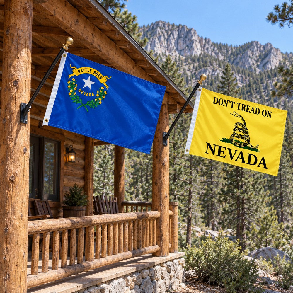 Nevada State Flag and Don't Tread on Nevada Flag 3x5 2-Pack displayed outdoors