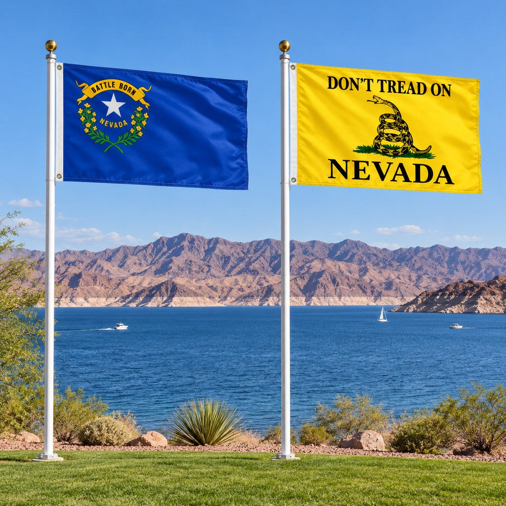 Nevada State Flag and Don't Tread on Nevada Flag 3x5 2-Pack displayed outdoors