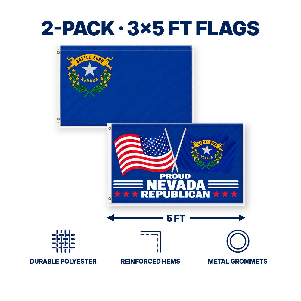 Nevada State Flag and Proud Nevada Republican Flag 3x5 2-Pack features and size details