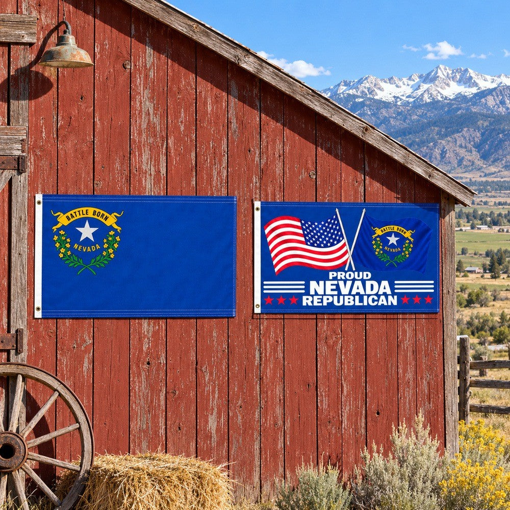 Nevada State Flag and Proud Nevada Republican Flag 3x5 2-Pack displayed outdoors