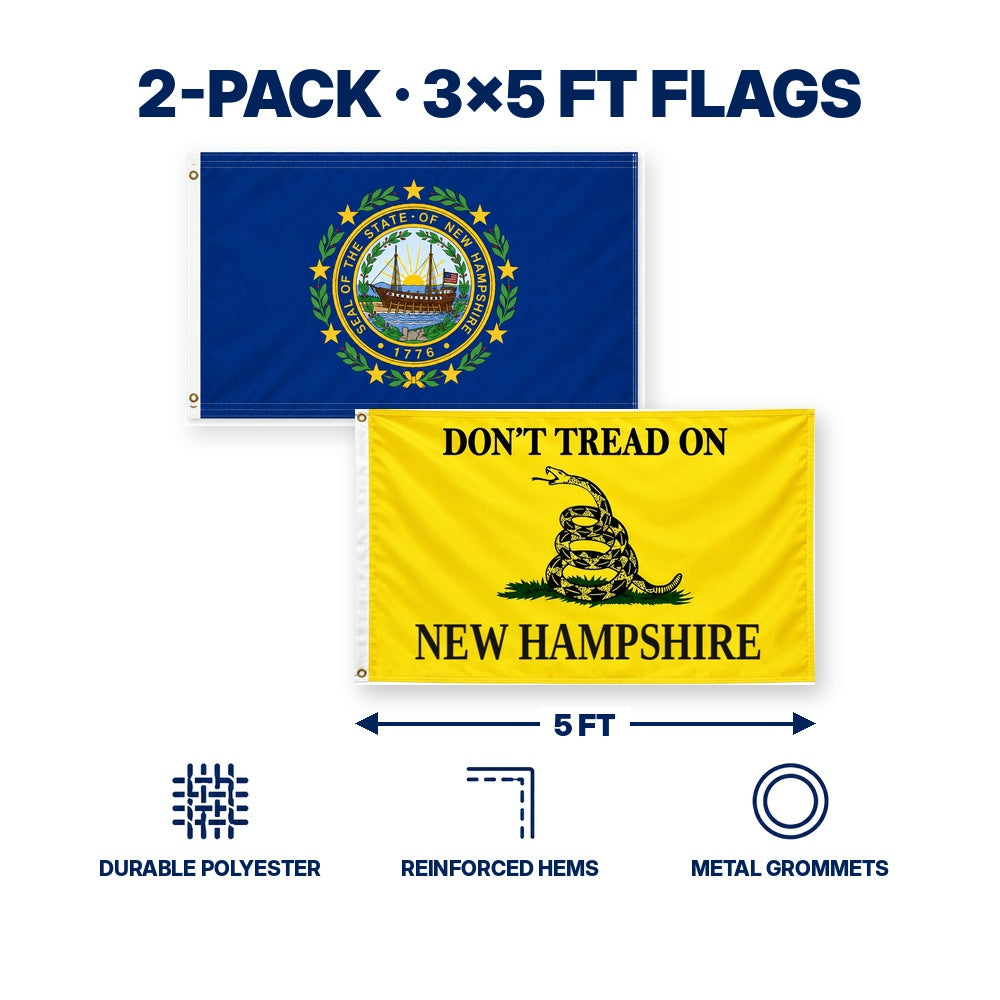 New Hampshire State Flag and Don't Tread on New Hampshire Flag 3x5 2-Pack features and size details
