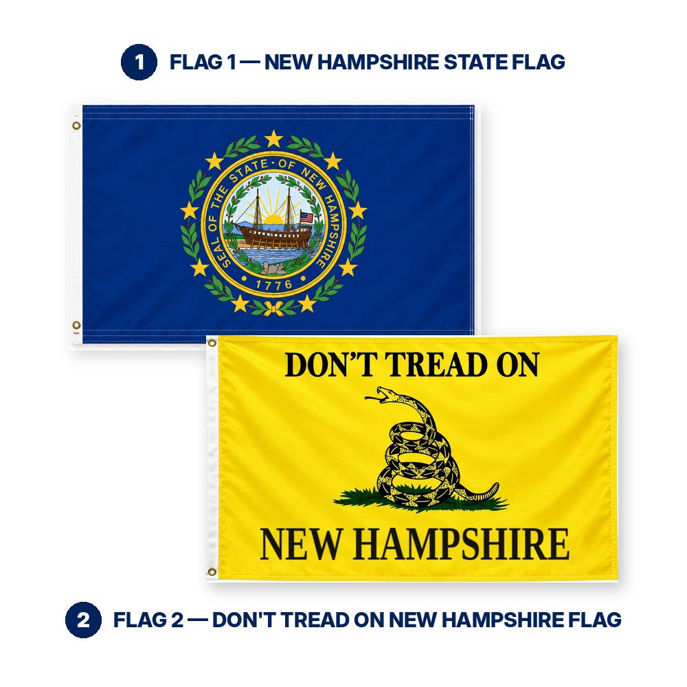 New Hampshire State Flag and Don't Tread on New Hampshire Flag 3x5 2-Pack features and size details