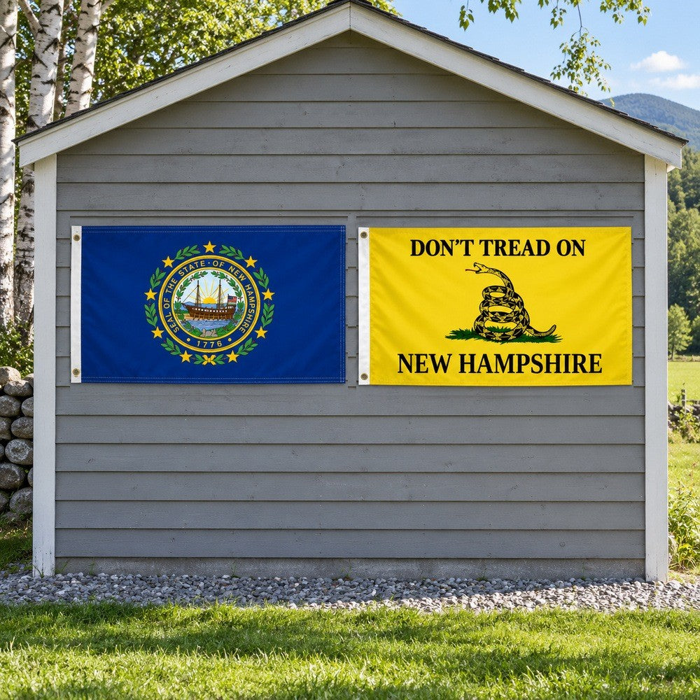 New Hampshire State Flag and Don't Tread on New Hampshire Flag 3x5 2-Pack displayed outdoors