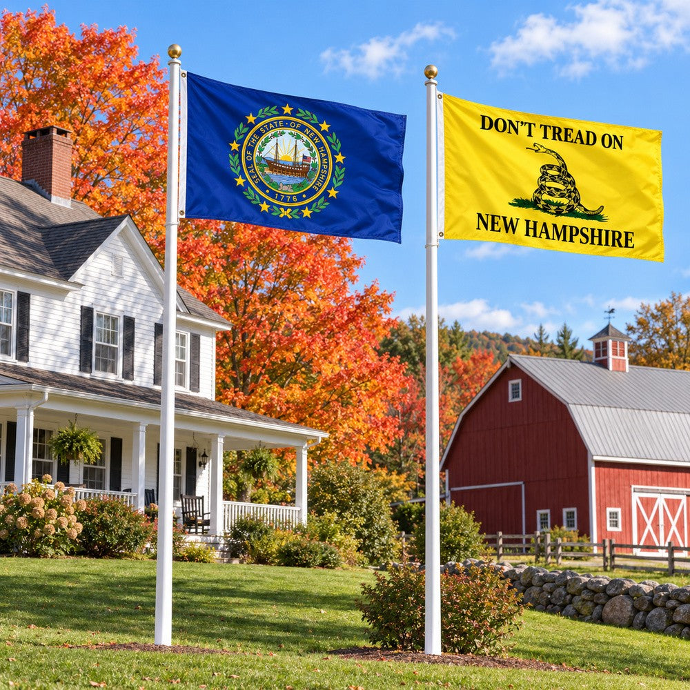 New Hampshire State Flag and Don't Tread on New Hampshire Flag 3x5 2-Pack displayed outdoors