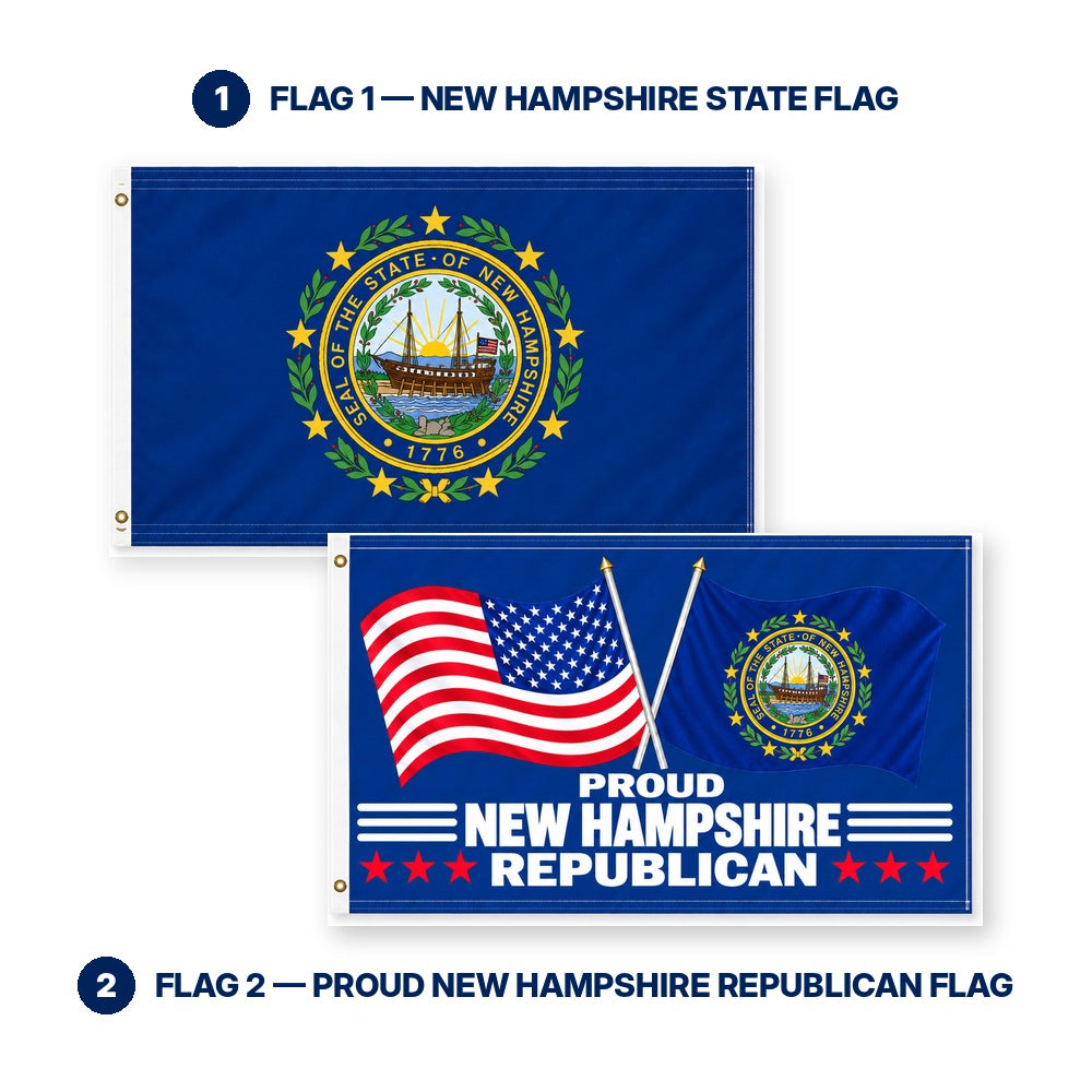 New Hampshire State Flag and Proud New Hampshire Republican Flag 3x5 2-Pack features and size details