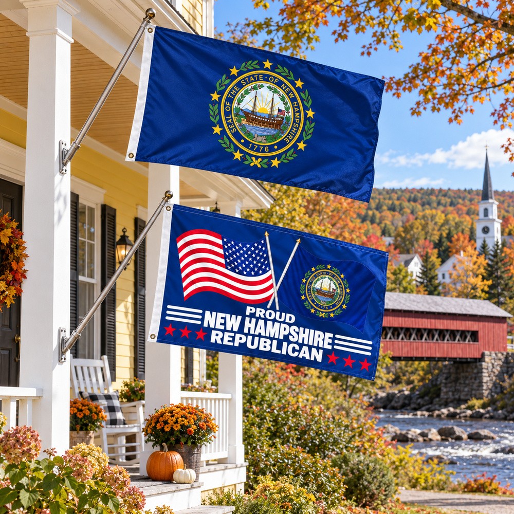 New Hampshire State Flag and Proud New Hampshire Republican Flag 3x5 2-Pack displayed outdoors