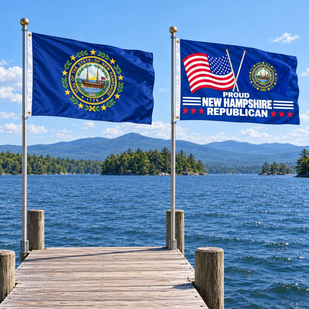 New Hampshire State Flag and Proud New Hampshire Republican Flag 3x5 2-Pack displayed outdoors