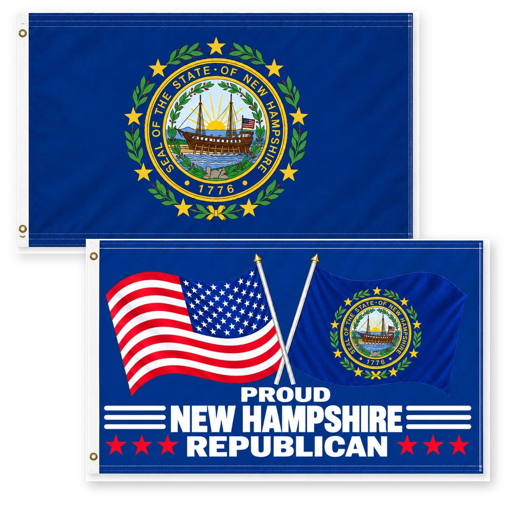 New Hampshire State Flag and Proud New Hampshire Republican Flag 3x5 2-Pack