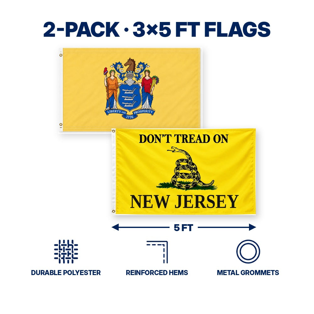 New Jersey State Flag and Don't Tread on New Jersey Flag 3x5 2-Pack features and size details