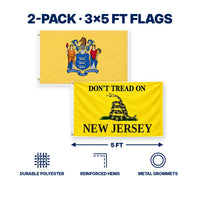 New Jersey State Flag and Don't Tread on New Jersey Flag 3x5 2-Pack features and size details